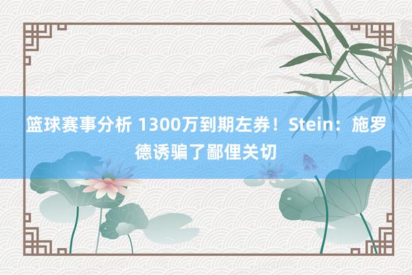 篮球赛事分析 1300万到期左券！Stein：施罗德诱骗了鄙俚关切